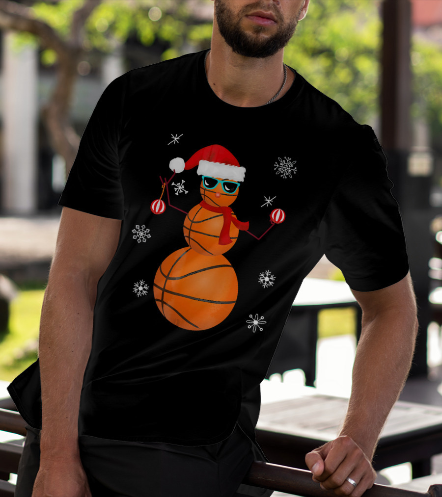Christmas Basketball Snowman Santa With Sunglasses And Ornaments T-Shirt