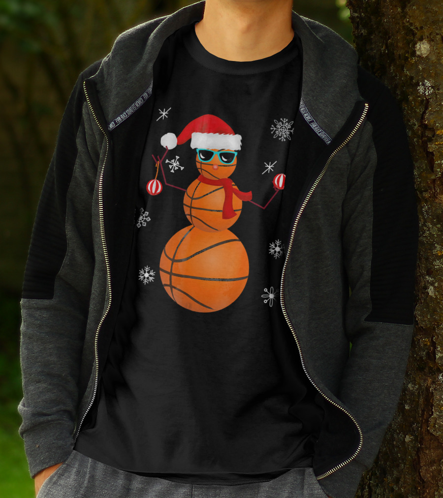 Christmas Basketball Snowman Santa With Sunglasses And Ornaments T-Shirt