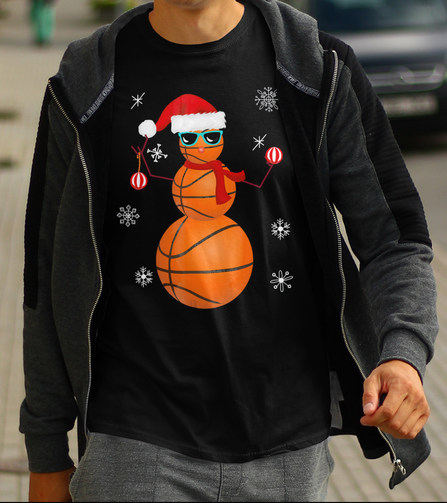 Christmas Basketball Snowman Santa With Sunglasses And Ornaments T-Shirt