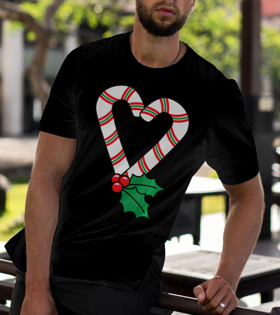 Christmas Candy Cane Heart Holly Berry T-Shirt