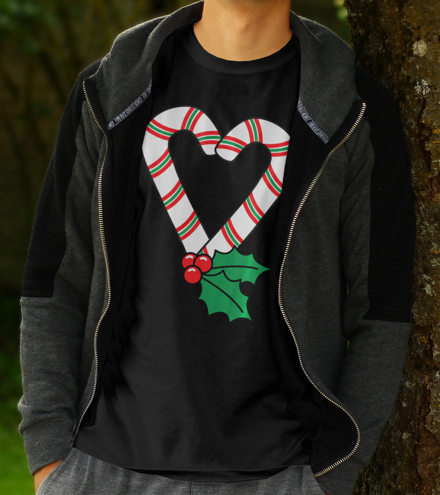 Christmas Candy Cane Heart Holly Berry T-Shirt