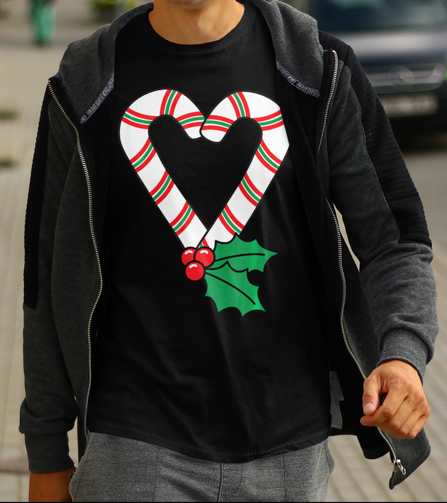 Christmas Candy Cane Heart Holly Berry T-Shirt