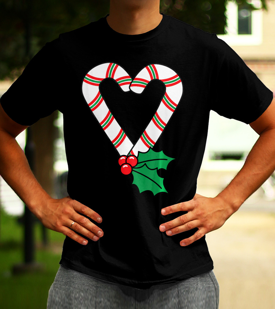 Christmas Candy Cane Heart Holly Berry T-Shirt