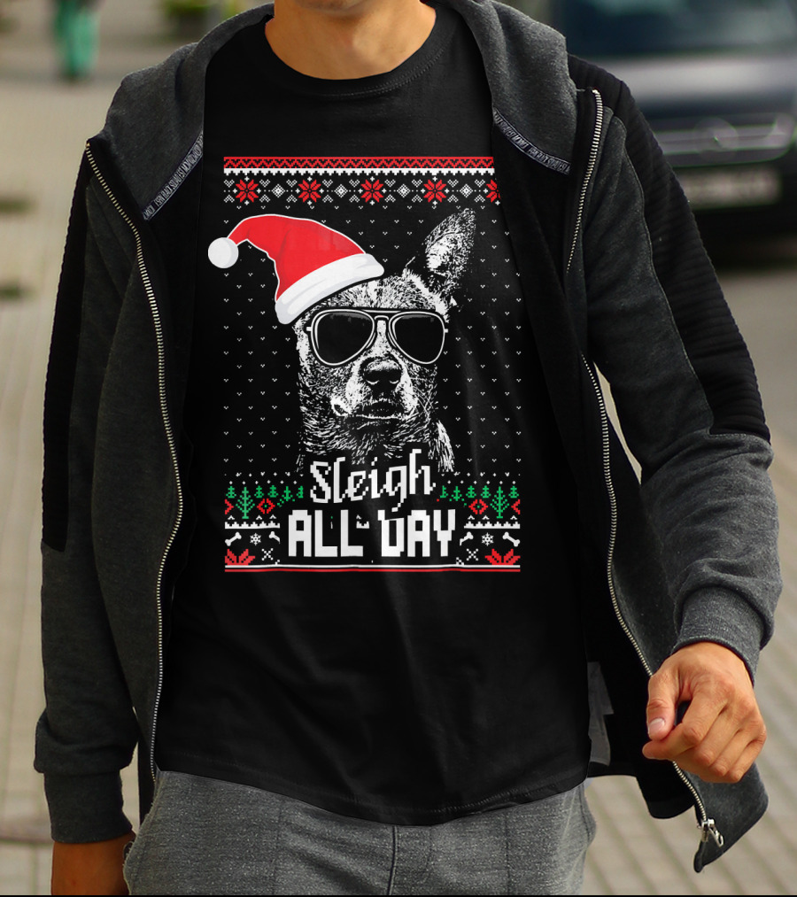 Sleigh All Day Funny Australian Cattle Dog Christmas Santa Hat Sunglasses Festive Knit T-Shirt