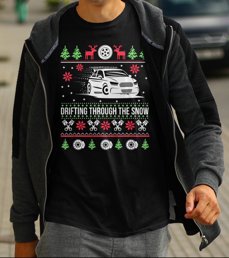 Drifting Through The Snow Christmas Car With Reindeer And Snowflakes T-Shirt