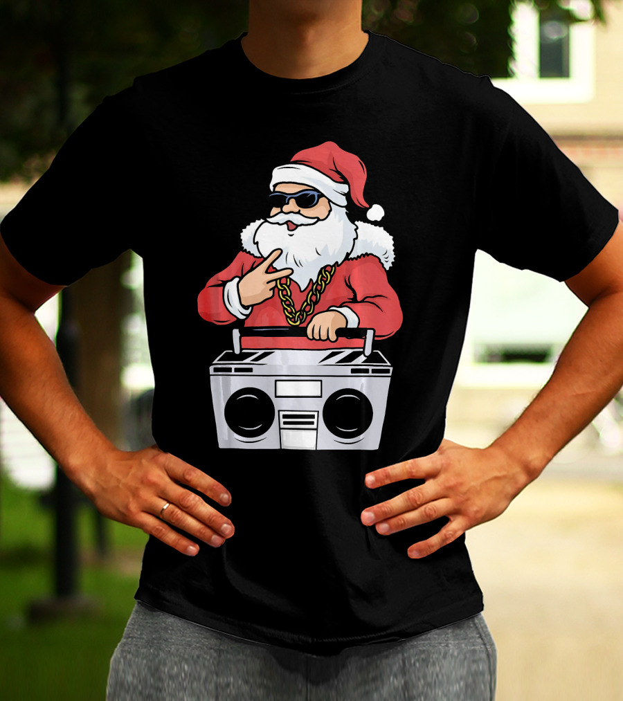 Santa Claus Rapper Style With Boombox And Bling T-Shirt