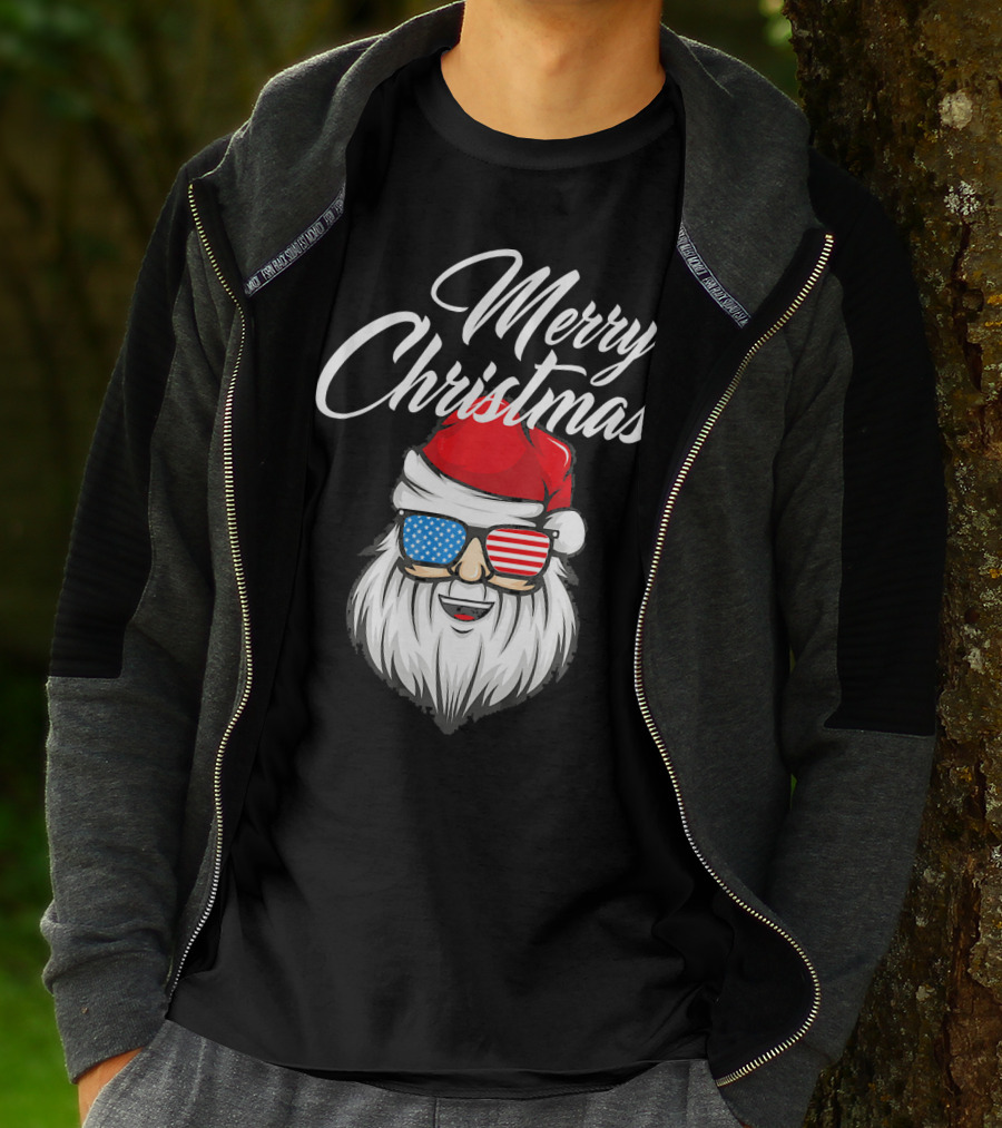 Merry Christmas Santa Claus Patriotic US Flag Sunglasses T-Shirt