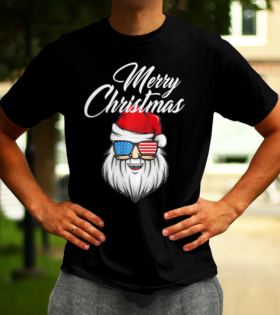 Merry Christmas Santa Claus Patriotic US Flag Sunglasses T-Shirt