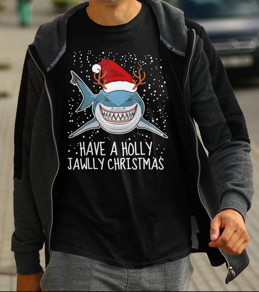 Have A Holly Jawlly Christmas Shark Santa Hat Reindeer Antlers T-Shirt