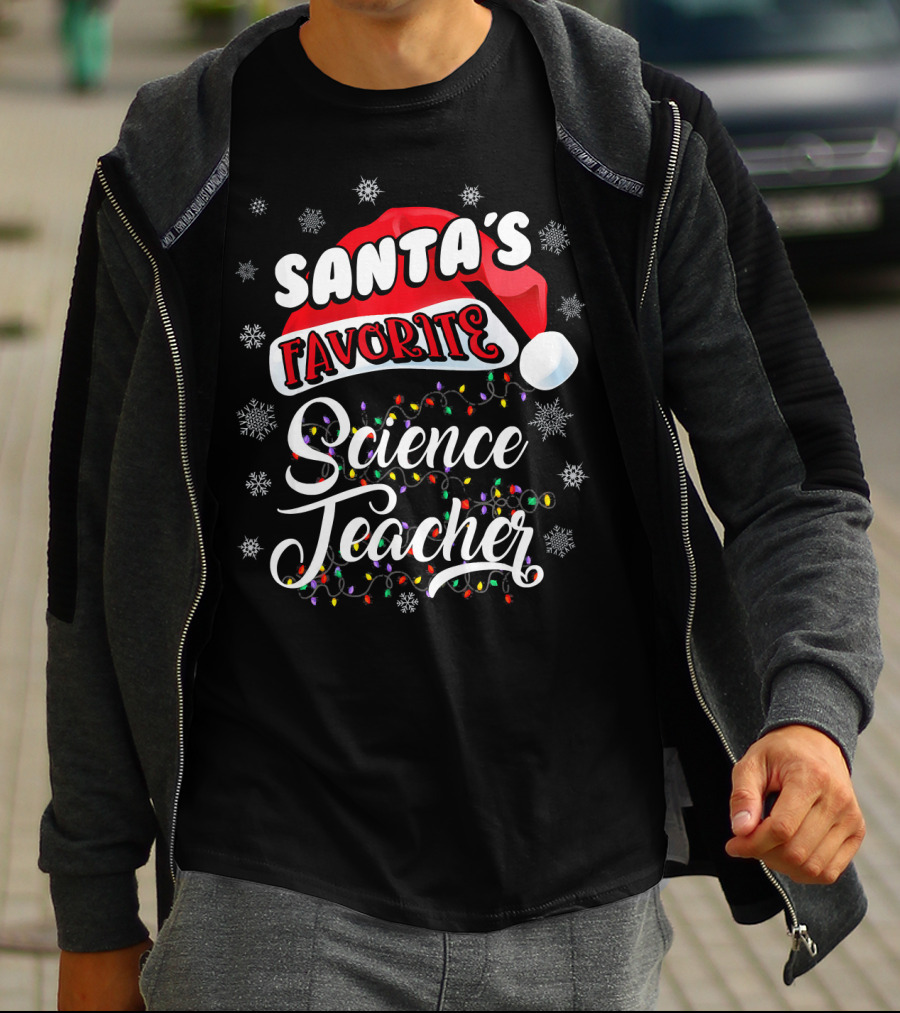 Santa's Favorite Science Teacher Santa Hat Snowflakes Lights T-Shirt
