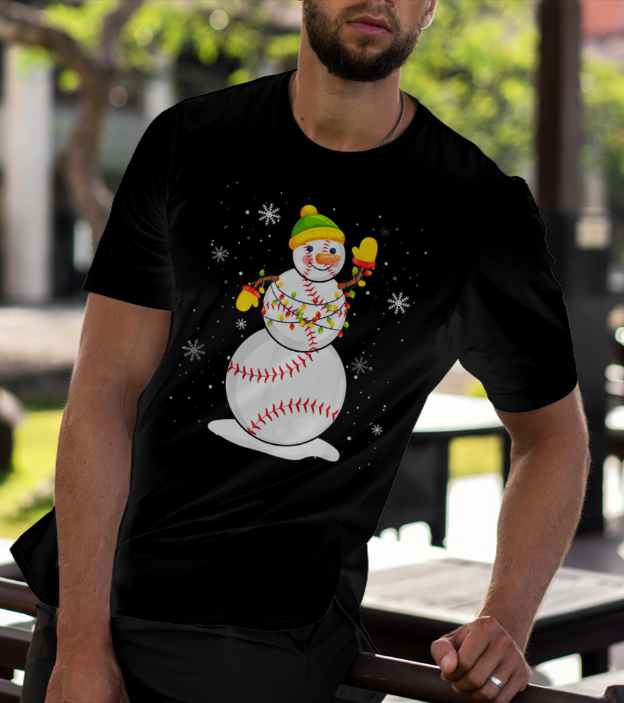 Christmas Snowman With Baseball Stitching And Santa Hat T-Shirt