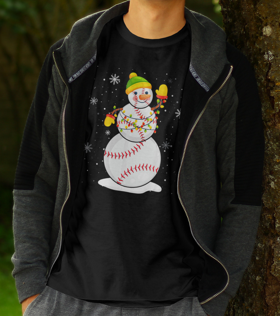 Christmas Snowman With Baseball Stitching And Santa Hat T-Shirt