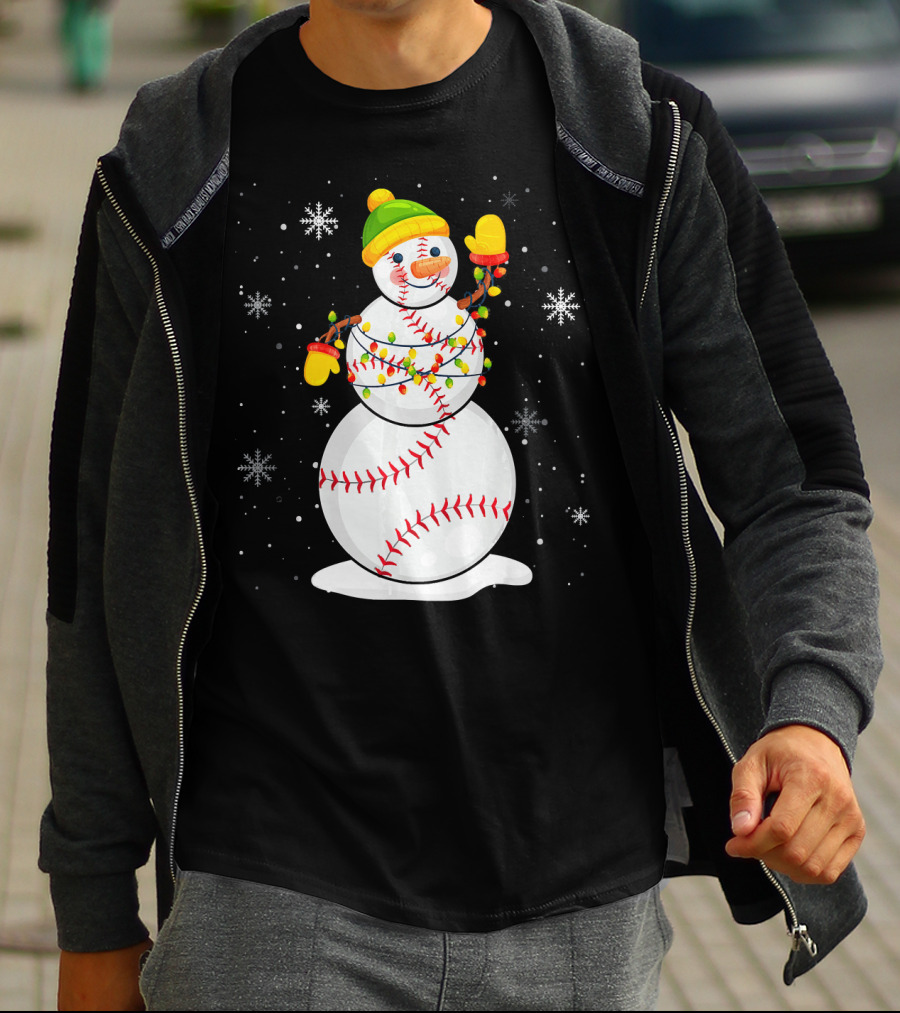 Christmas Snowman With Baseball Stitching And Santa Hat T-Shirt