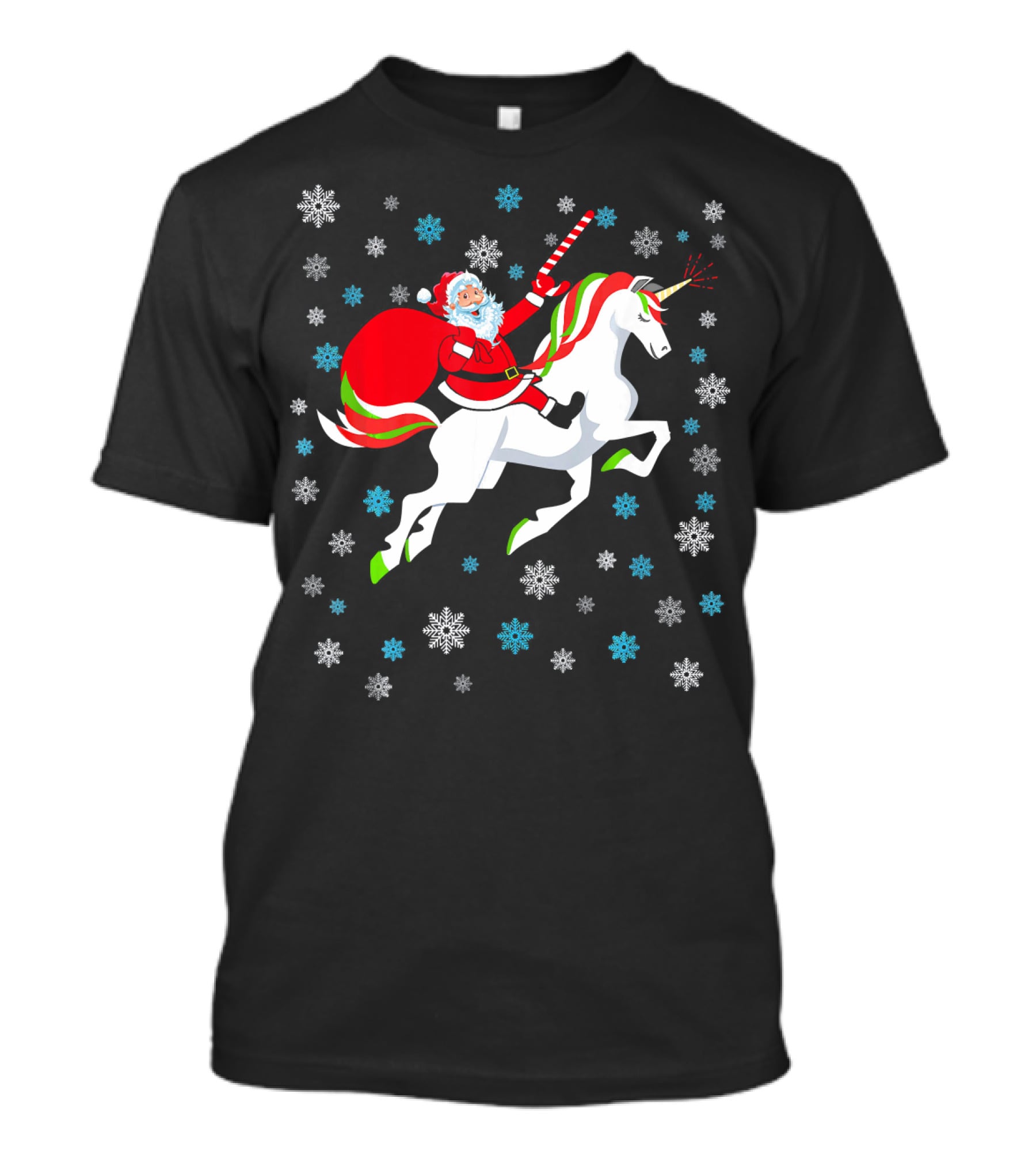 Christmas Unicorn Santa Riding Through Snowflakes T-Shirt