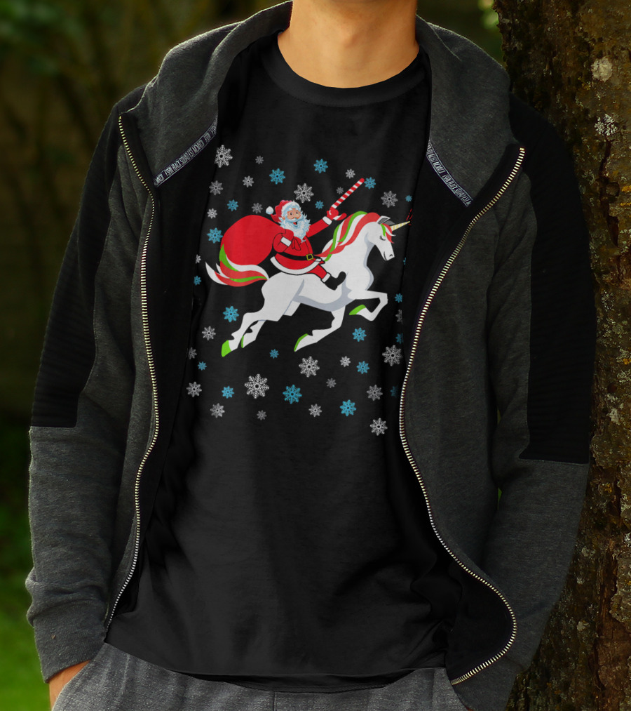 Christmas Unicorn Santa Riding Through Snowflakes T-Shirt