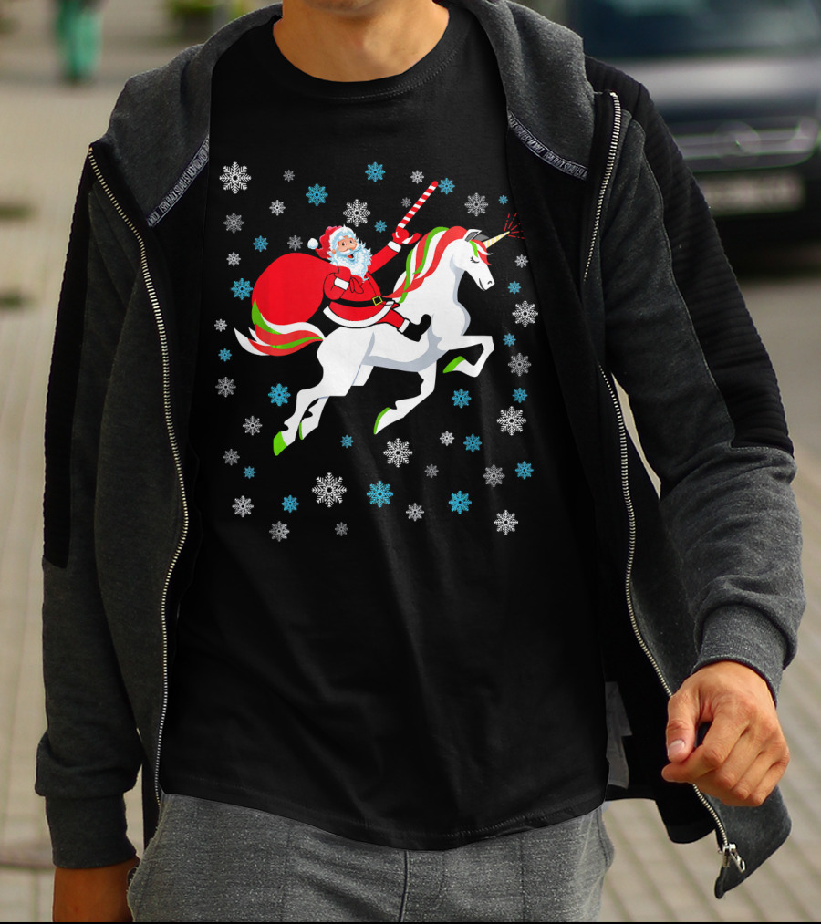 Christmas Unicorn Santa Riding Through Snowflakes T-Shirt
