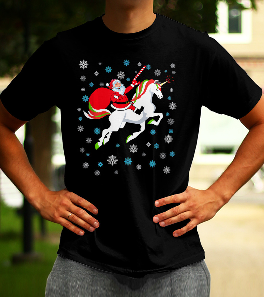 Christmas Unicorn Santa Riding Through Snowflakes T-Shirt