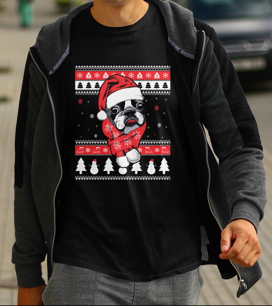 Funny Boston Terrier Christmas Santa Sweater Festive Dog T-Shirt