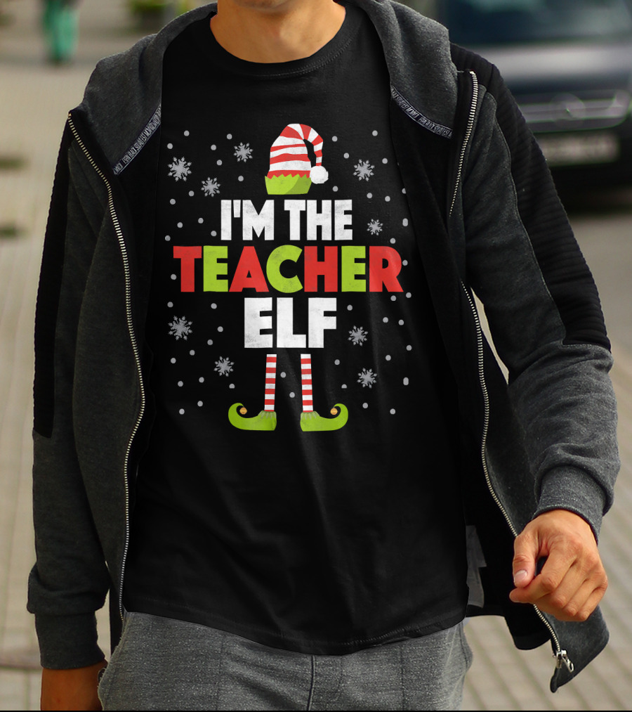 I'm The Teacher Elf Striped Hat And Shoes Snowflakes T-Shirt