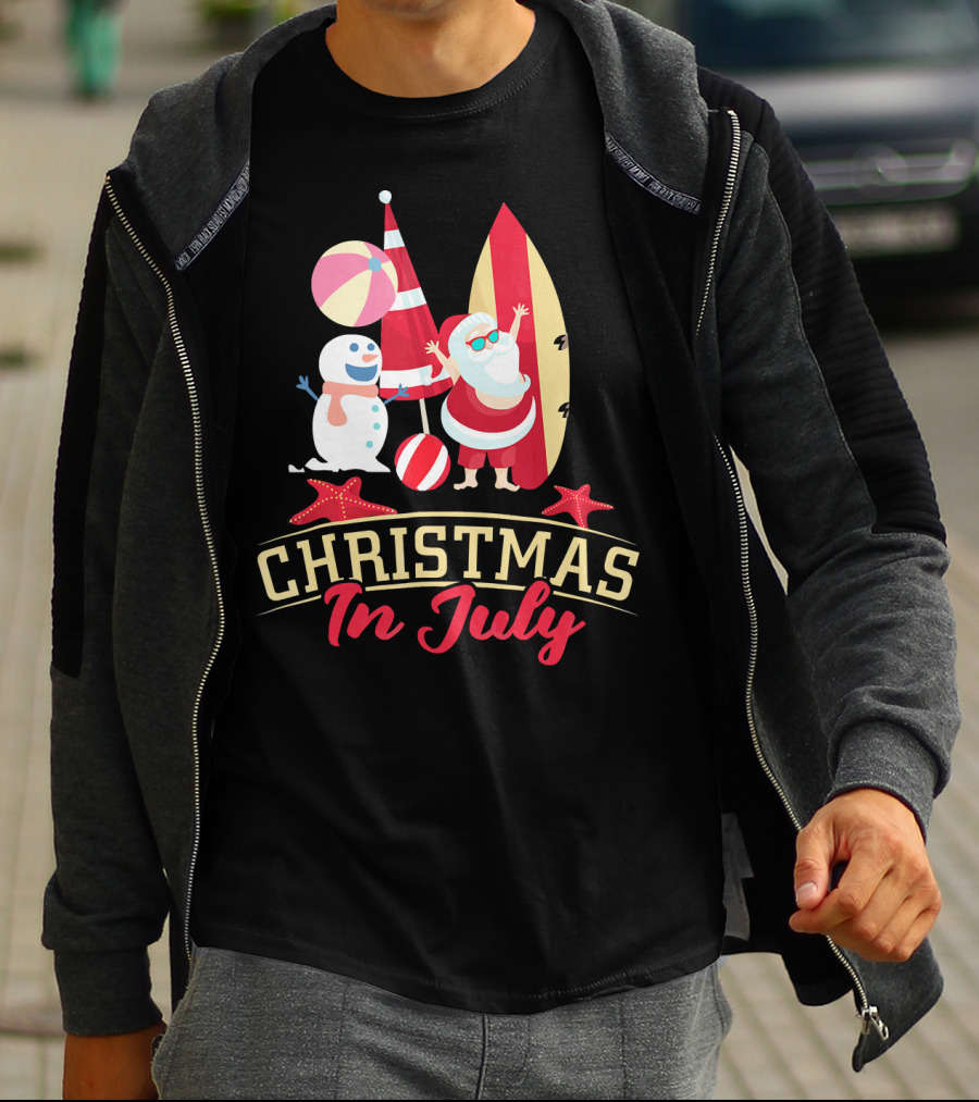 Christmas In July Santa Surfing Snowman Beach Ball T-Shirt