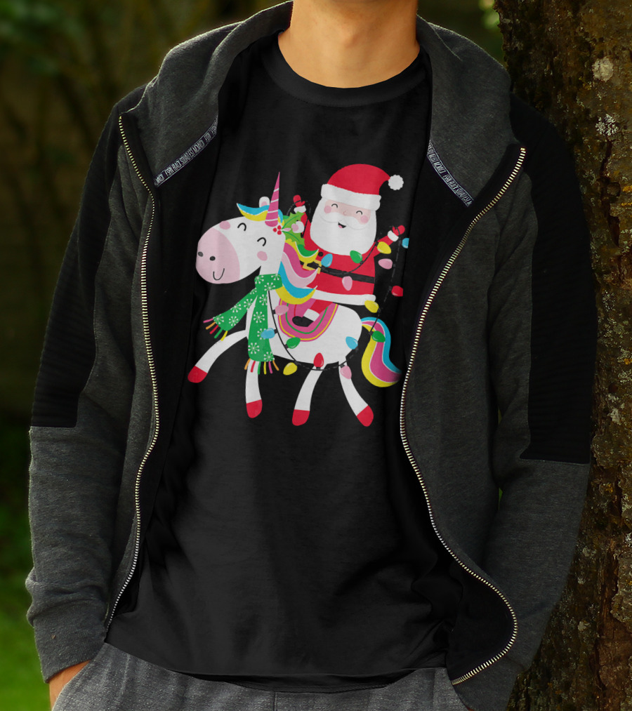 Santa Claus Riding Unicorn With Christmas Lights And Scarf T-Shirt