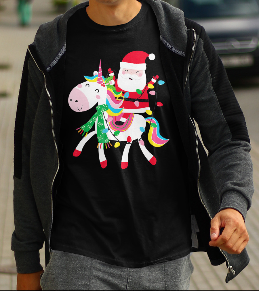 Santa Claus Riding Unicorn With Christmas Lights And Scarf T-Shirt