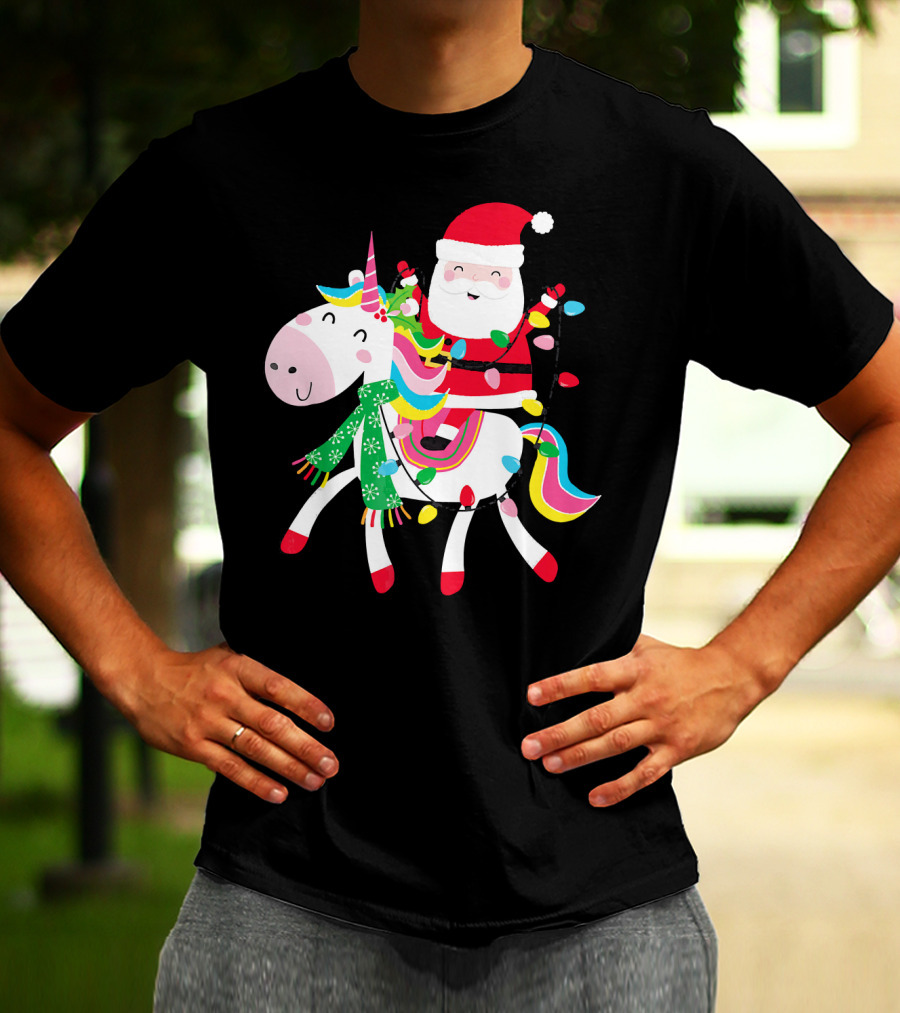 Santa Claus Riding Unicorn With Christmas Lights And Scarf T-Shirt
