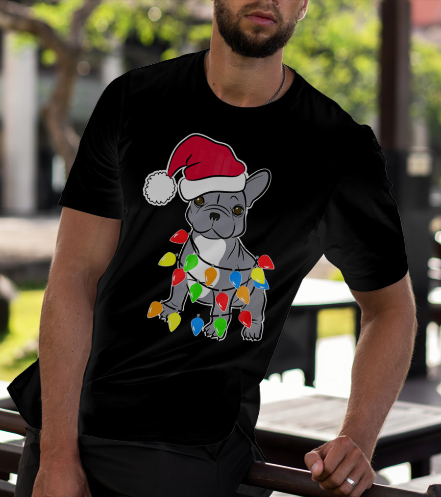 Santa French Bulldog With Christmas Lights T-Shirt