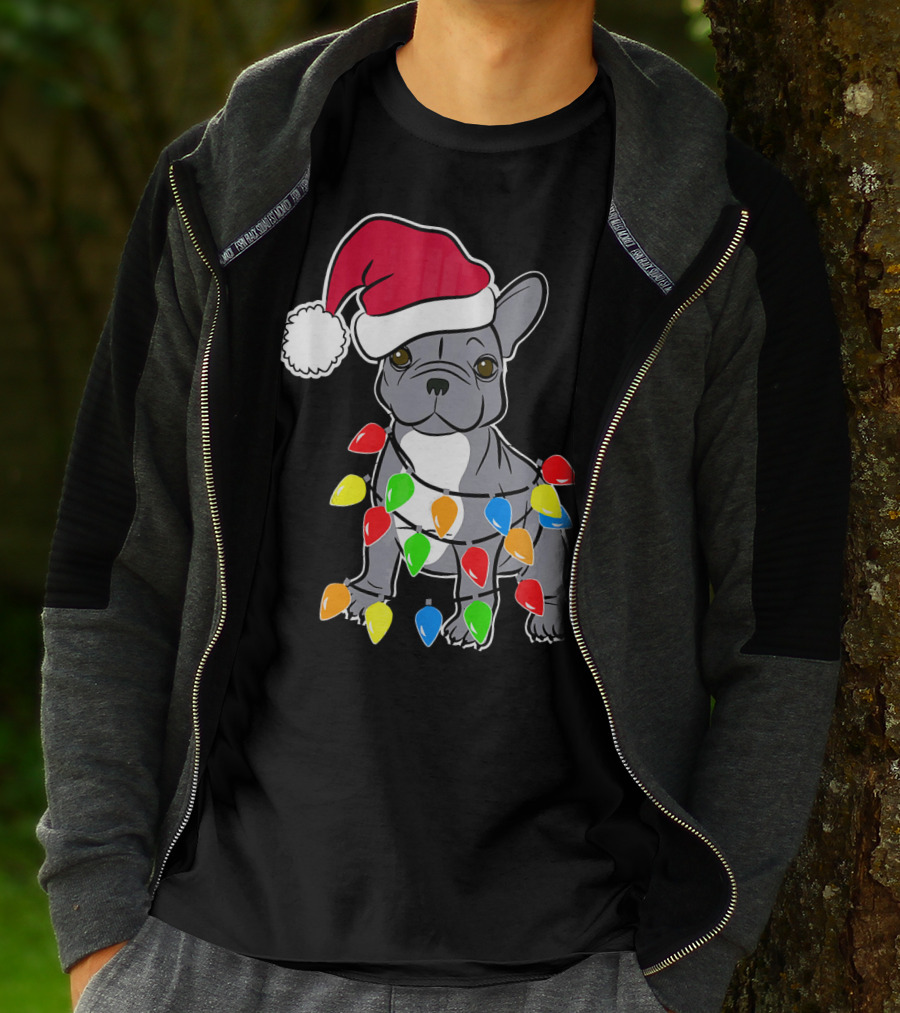 Santa French Bulldog With Christmas Lights T-Shirt