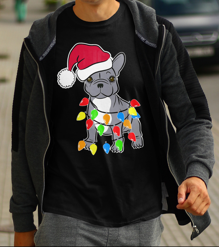 Santa French Bulldog With Christmas Lights T-Shirt