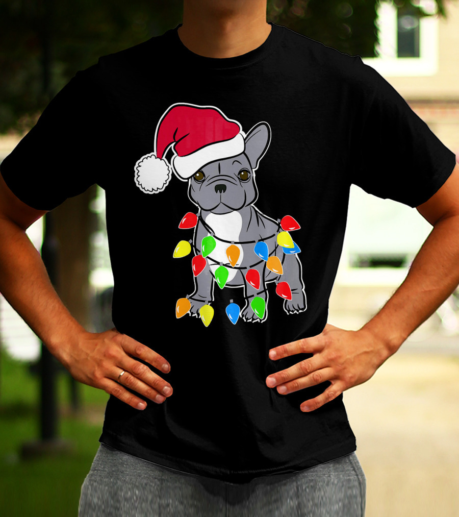 Santa French Bulldog With Christmas Lights T-Shirt