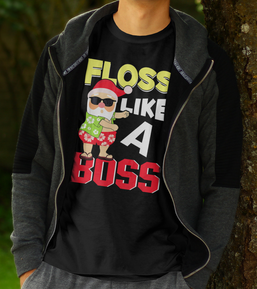 Floss Like A Boss Flossing Santa In Hawaiian Shirt And Sunglasses T-Shirt