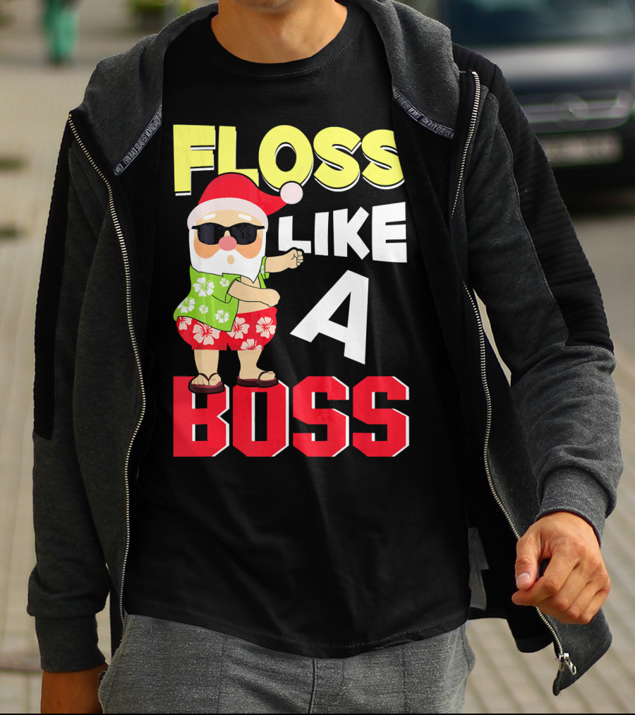 Floss Like A Boss Flossing Santa In Hawaiian Shirt And Sunglasses T-Shirt