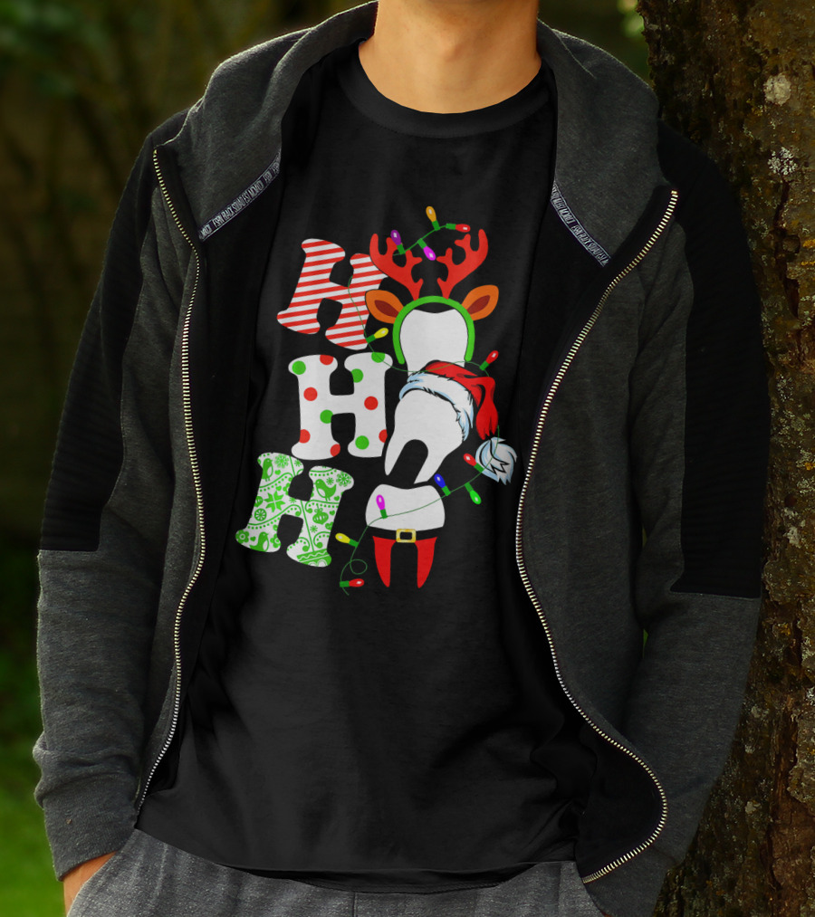 Ho Ho Ho Funny Santa Teeth Christmas Lights Reindeer Antlers T-Shirt