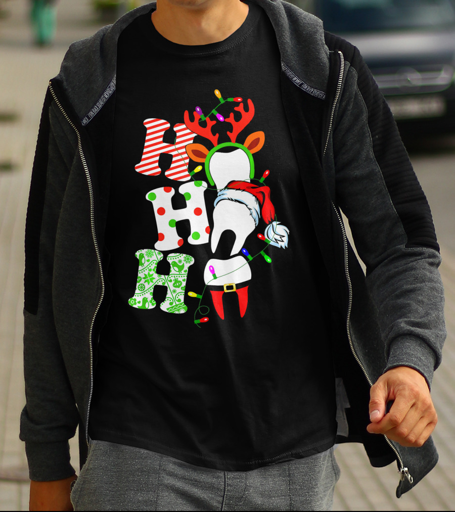 Ho Ho Ho Funny Santa Teeth Christmas Lights Reindeer Antlers T-Shirt