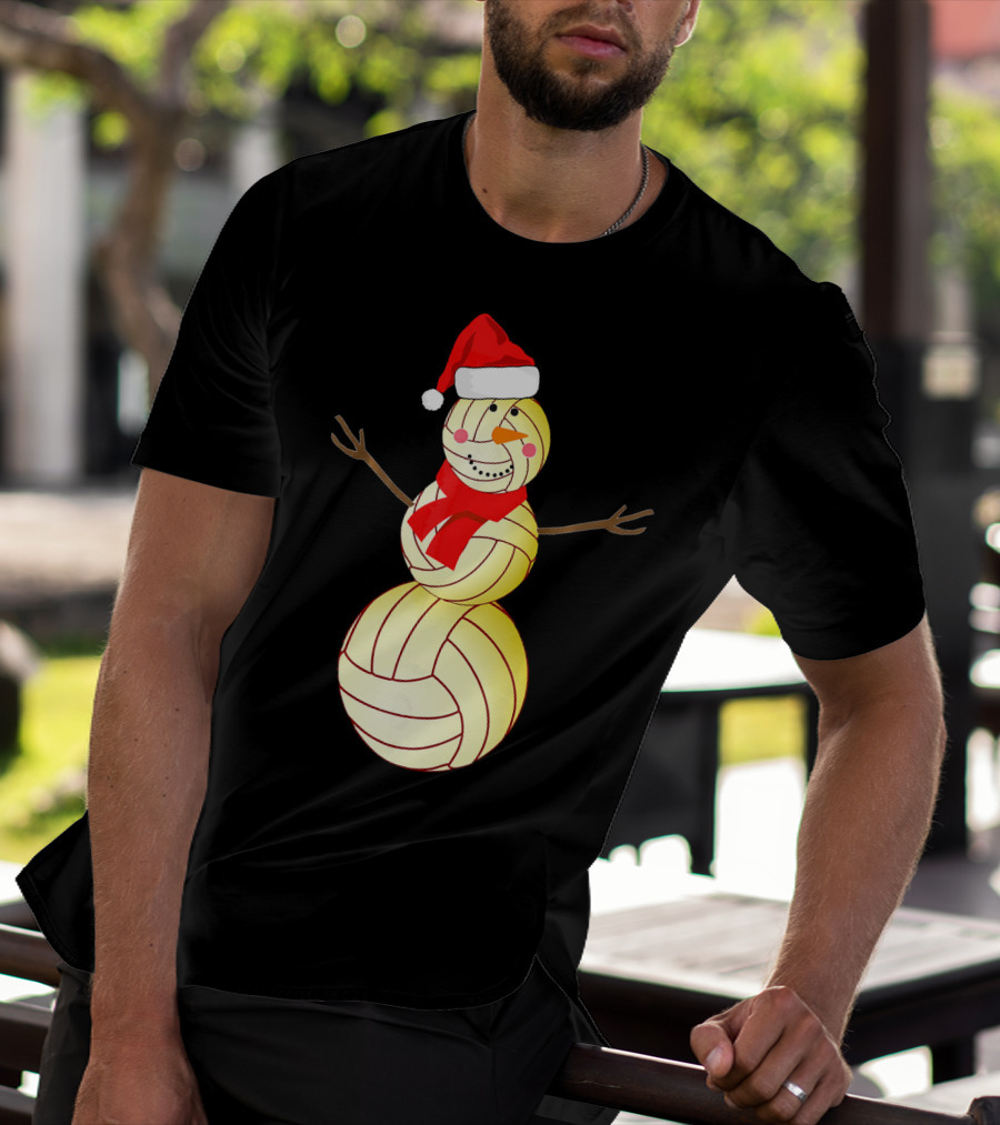 Funny Volleyball Snowman With Santa Hat And Scarf T-Shirt