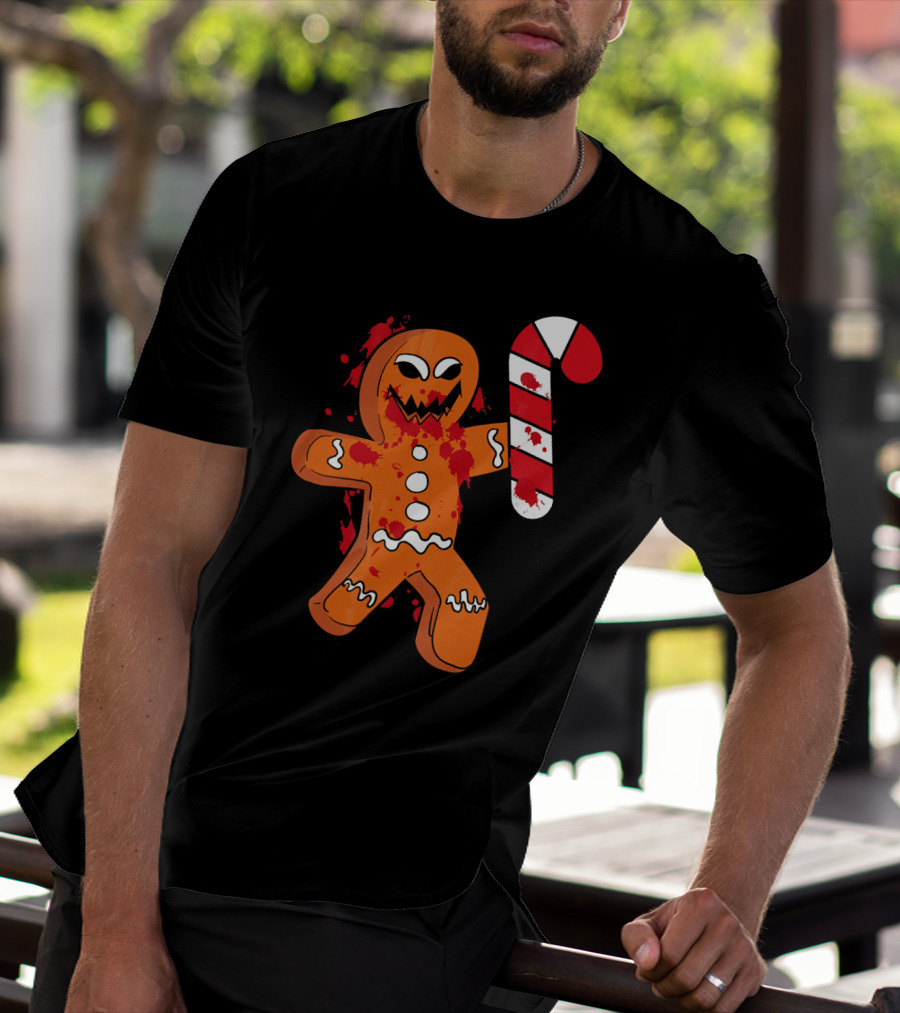 Christmas Horror Scary Gingerbread With Bloody Candy Cane T-Shirt