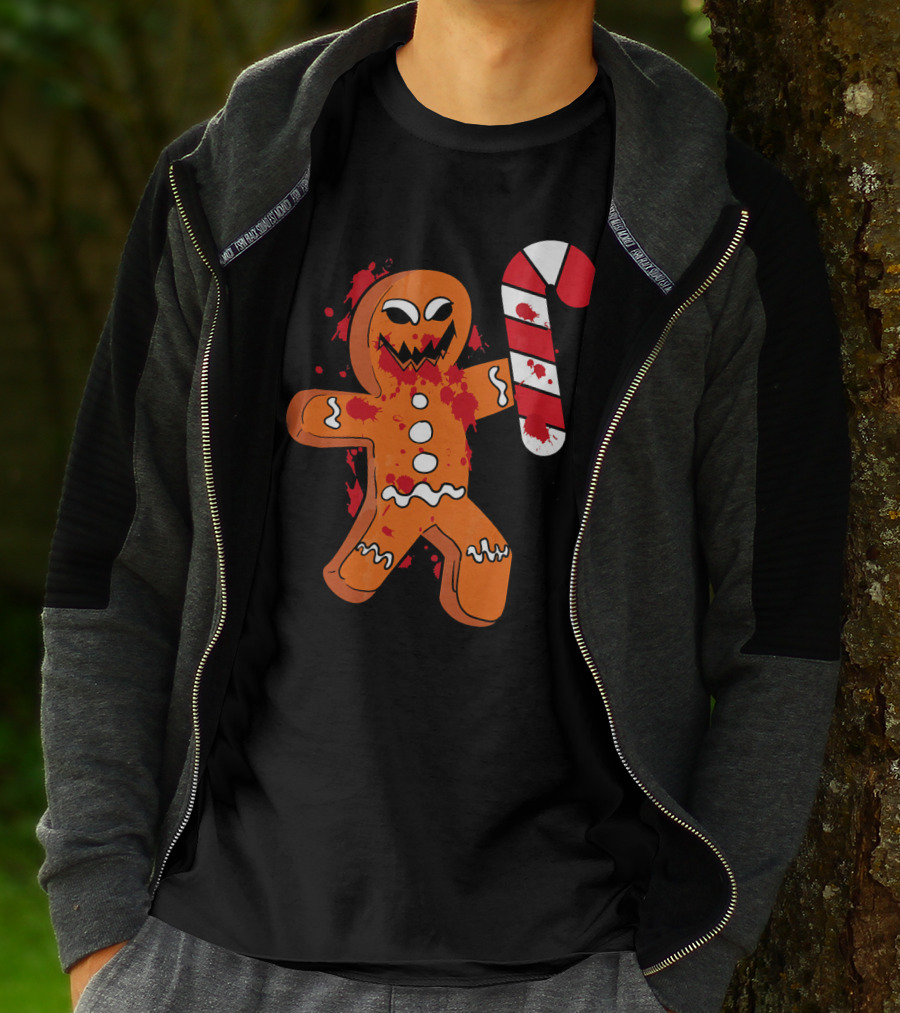 Christmas Horror Scary Gingerbread With Bloody Candy Cane T-Shirt