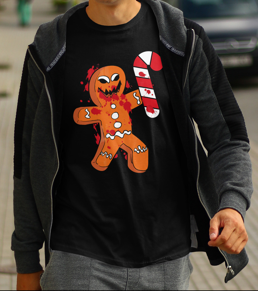 Christmas Horror Scary Gingerbread With Bloody Candy Cane T-Shirt