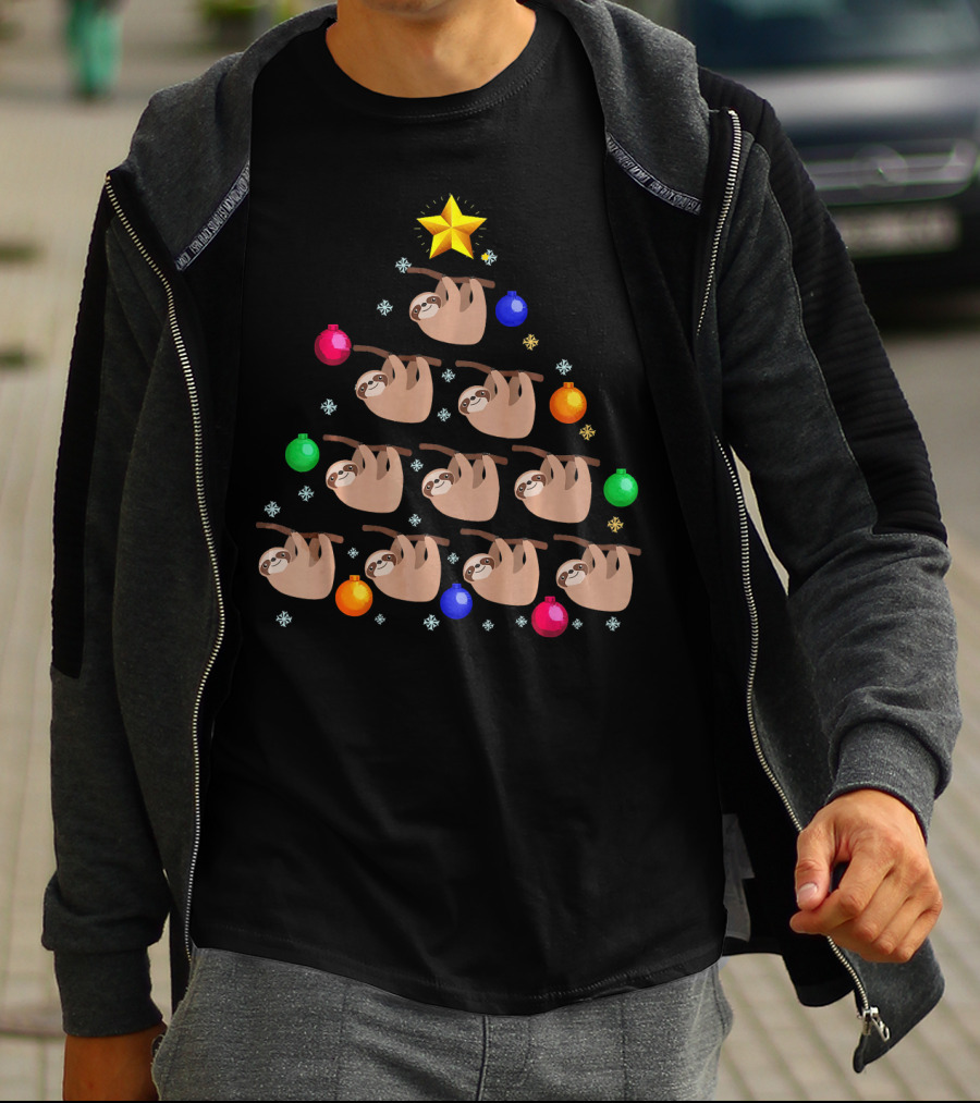 Sloth Hanging On Christmas Tree Ornaments With Star And Snowflakes T-Shirt