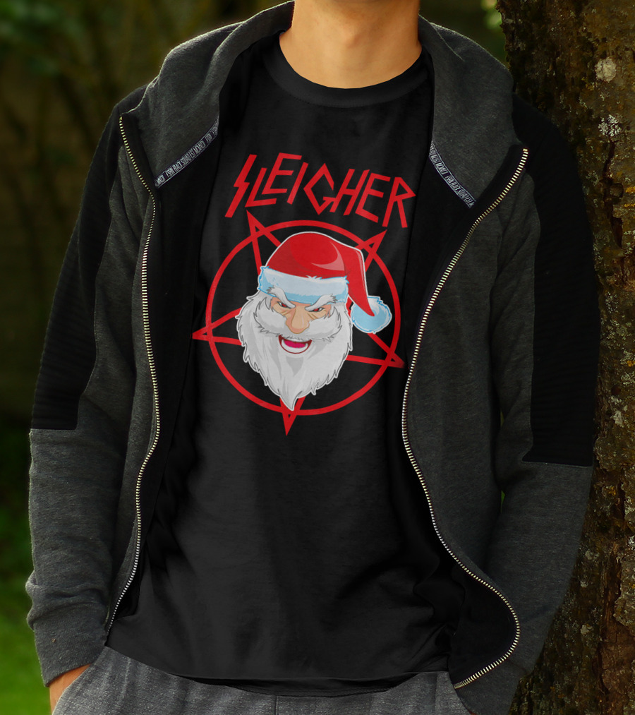 Sleigher Santa Claus Metal Christmas Coo Pentagram Santa Hat T-Shirt
