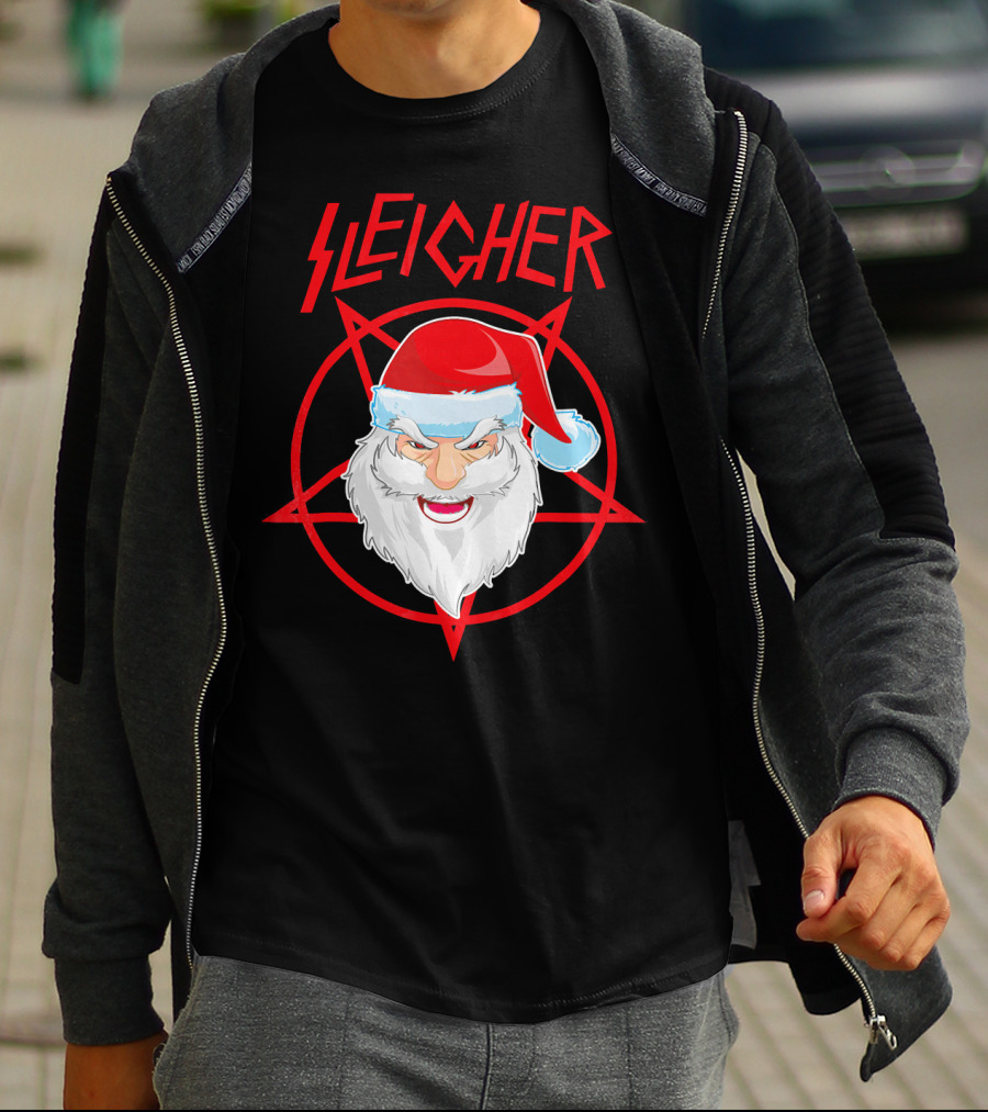 Sleigher Santa Claus Metal Christmas Coo Pentagram Santa Hat T-Shirt