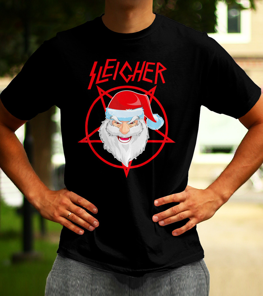 Sleigher Santa Claus Metal Christmas Coo Pentagram Santa Hat T-Shirt