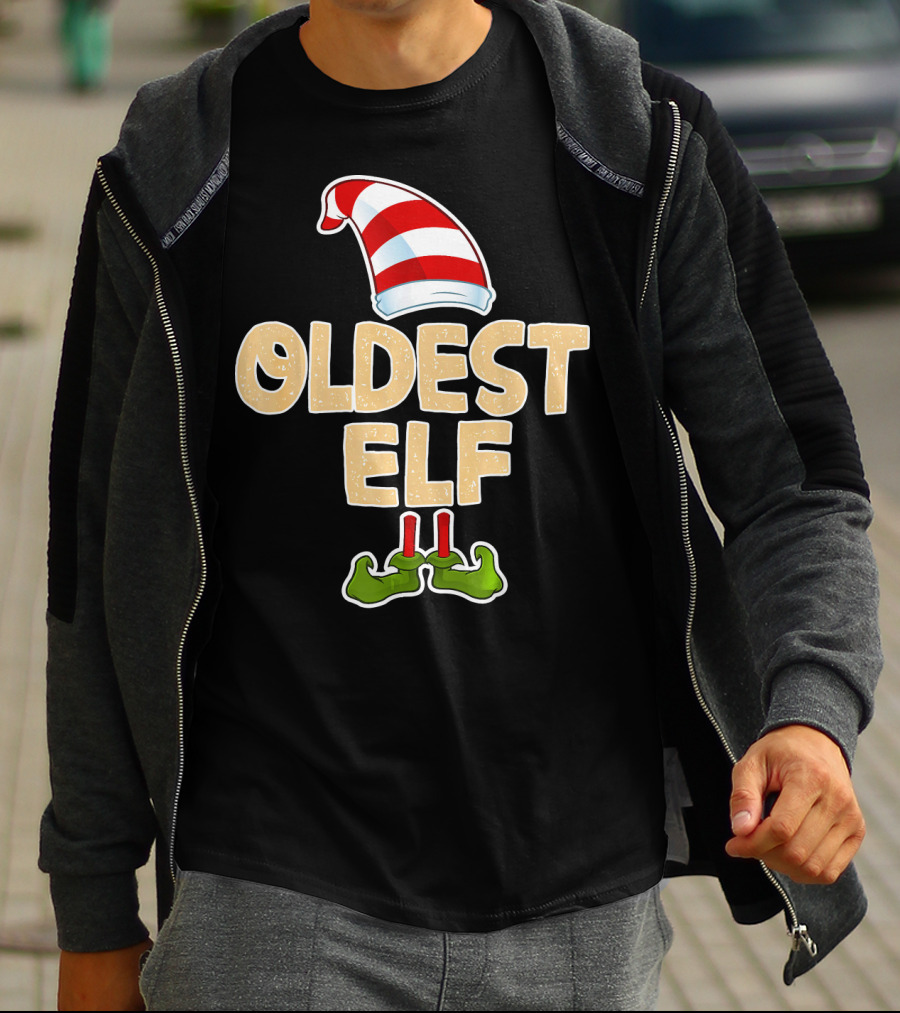 Oldest Elf Santa Hat Striped And Funny Green Shoes T-Shirt