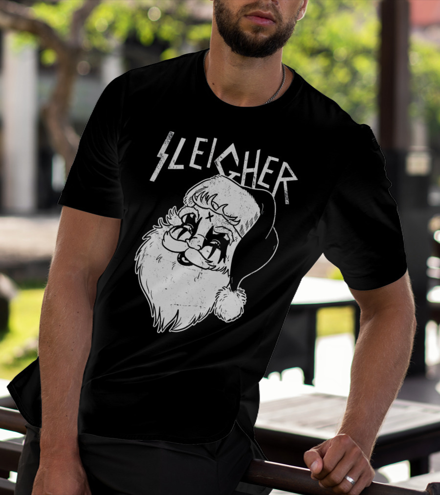 Sleigher Funny Christmas Black Metal Santa T-Shirt