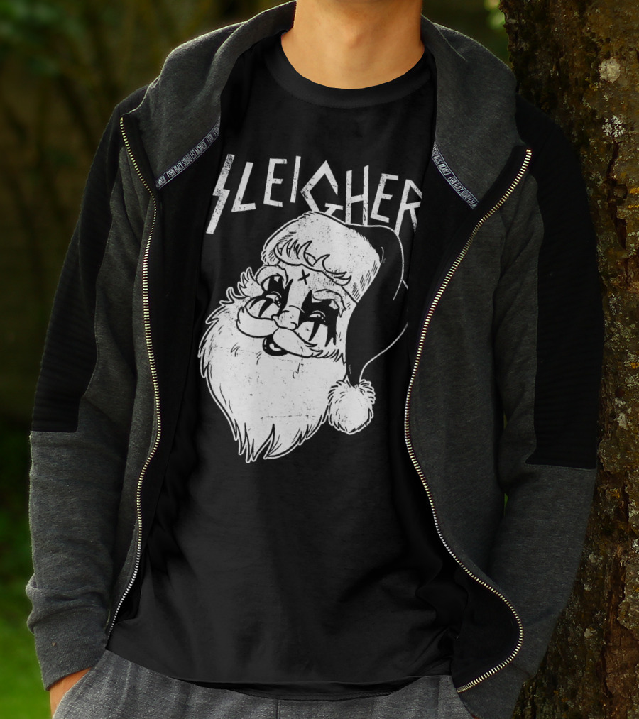 Sleigher Funny Christmas Black Metal Santa T-Shirt