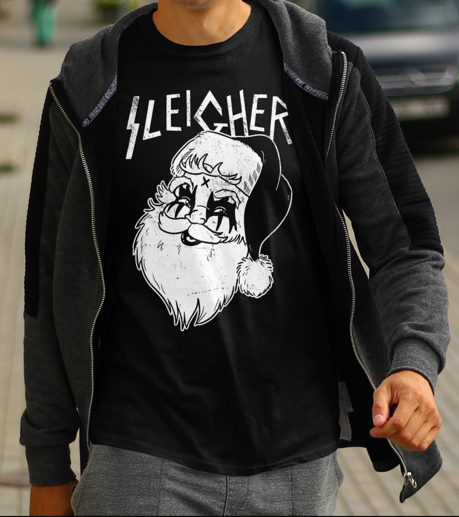 Sleigher Funny Christmas Black Metal Santa T-Shirt