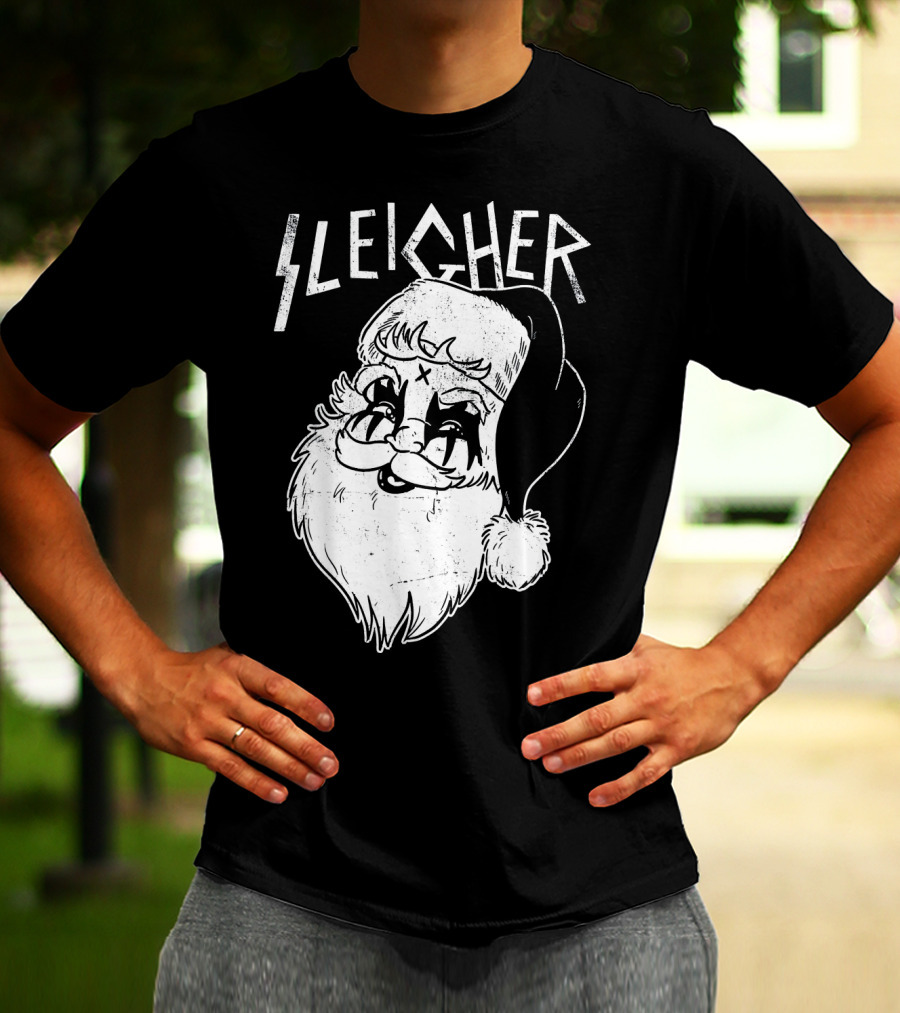 Sleigher Funny Christmas Black Metal Santa T-Shirt