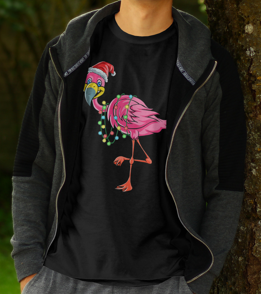 Christmas Flamingo Santa Hat Festive Lights Fun T-Shirt