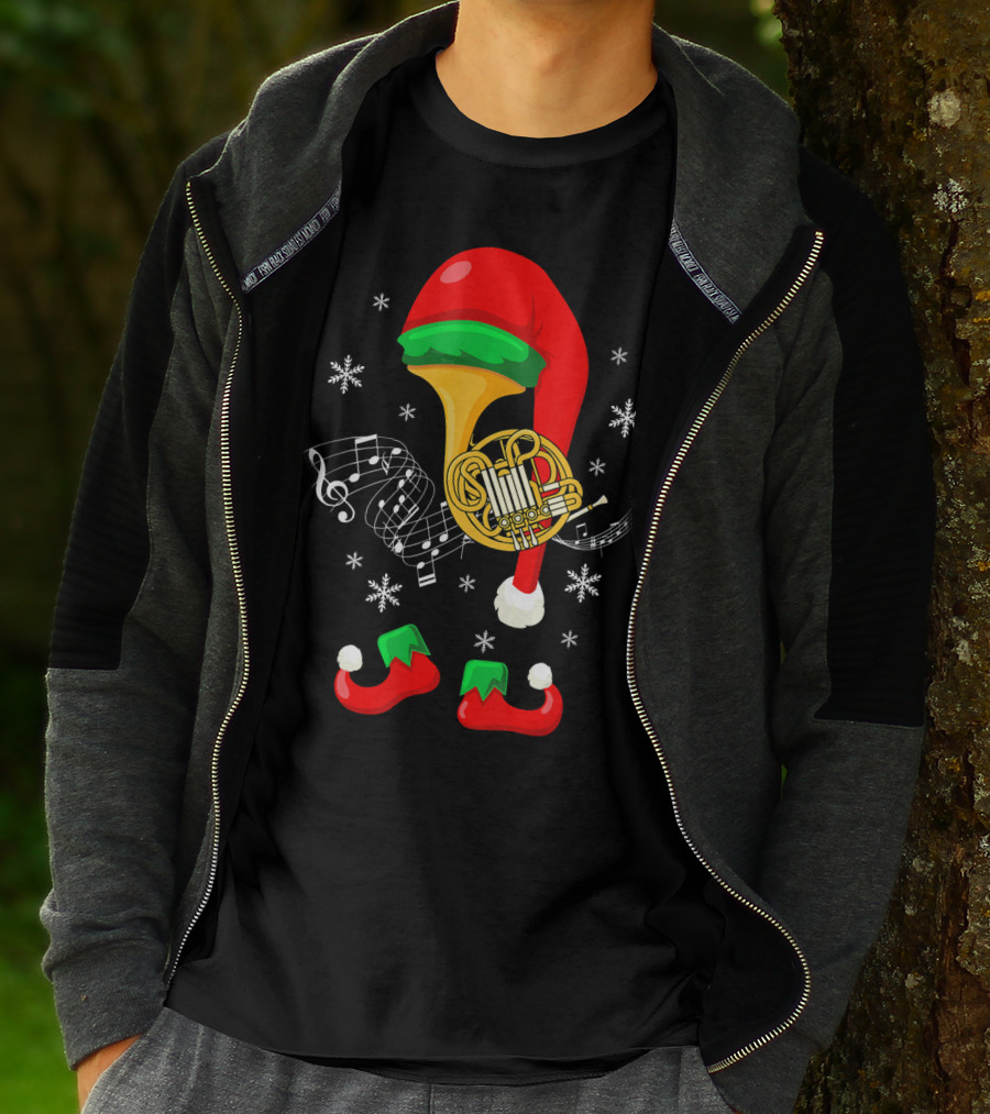 Elf French Horn Music With Christmas Hat And Shoes T-Shirt